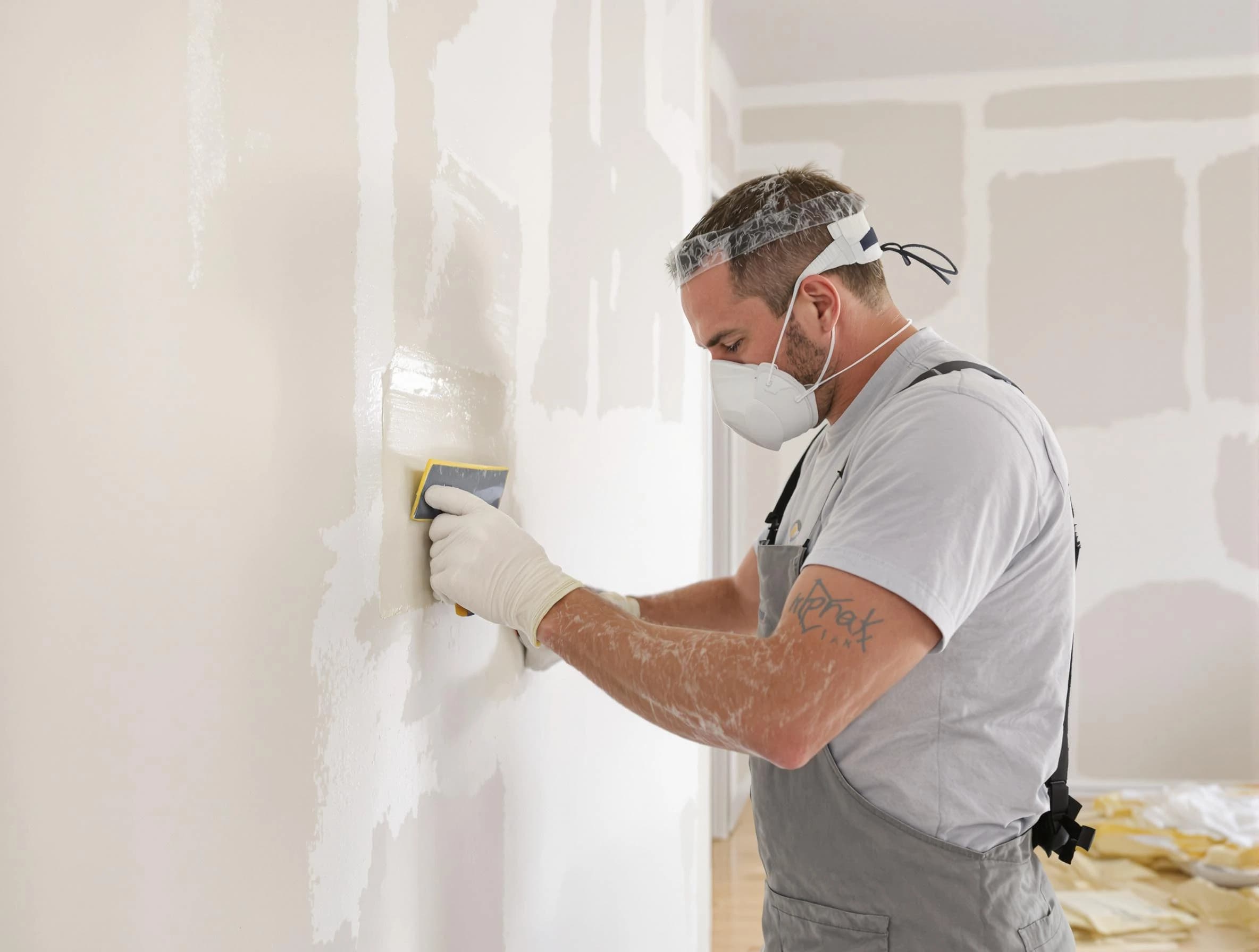 Bedford House Painters technician applying mud to drywall seams in Bedford, OH