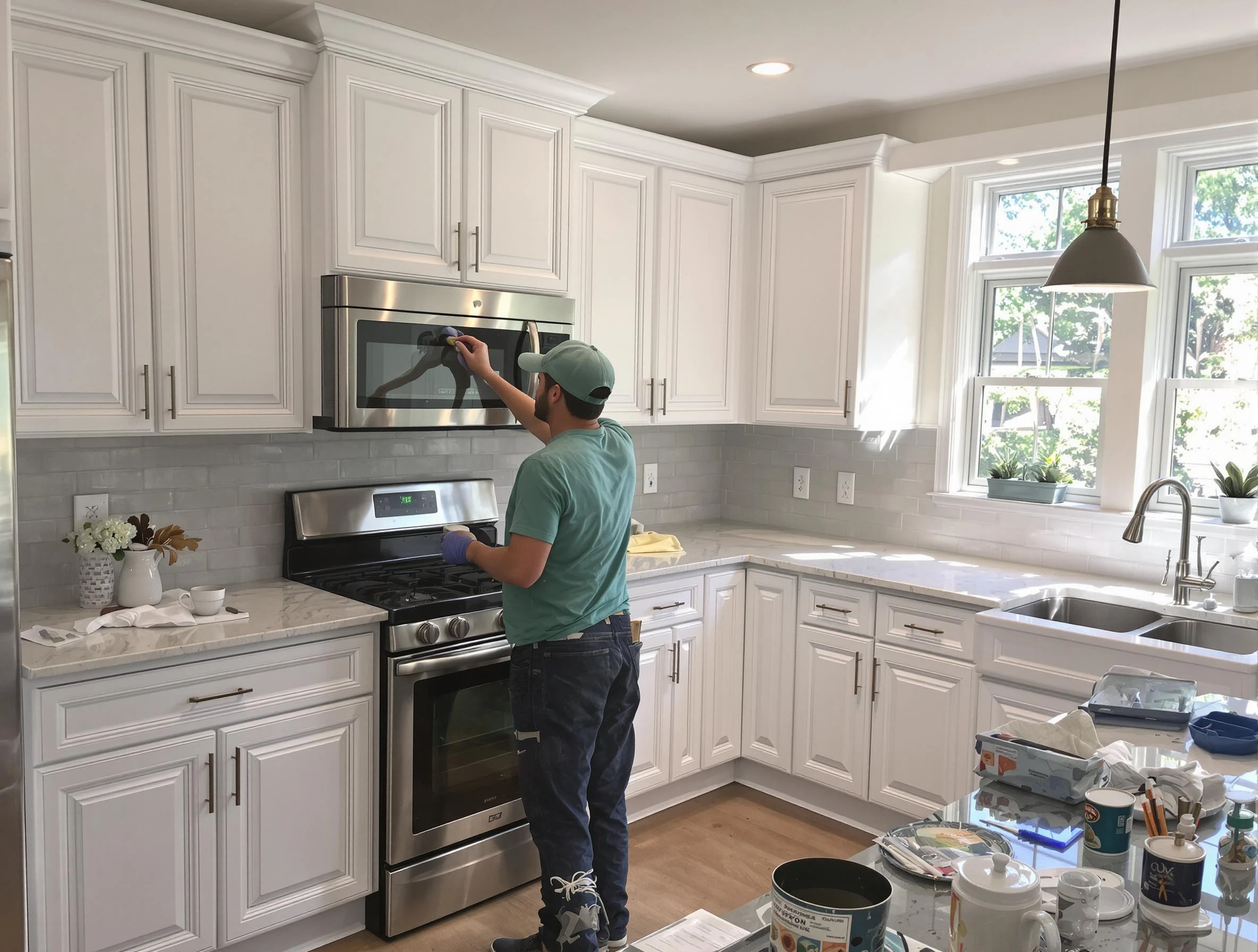Kitchen cabinets being refinished by Bedford House Painters in Bedford, OH