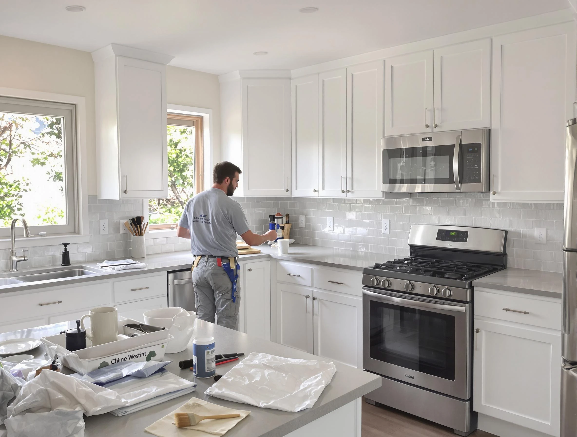Bedford House Painters applying fresh paint on kitchen cabinets in Bedford